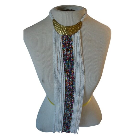 African Inspired Multicolored Beaded Bib Necklace With Hammered Brass Accent & F - Picture 1 of 8